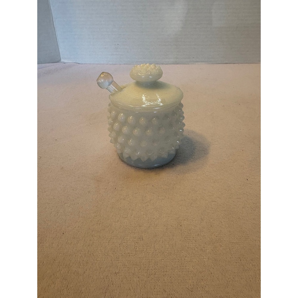 Fenton Milk Glass Hobnail Mustard Jam Jar with Lid and Clear Glass Spoon Vintage